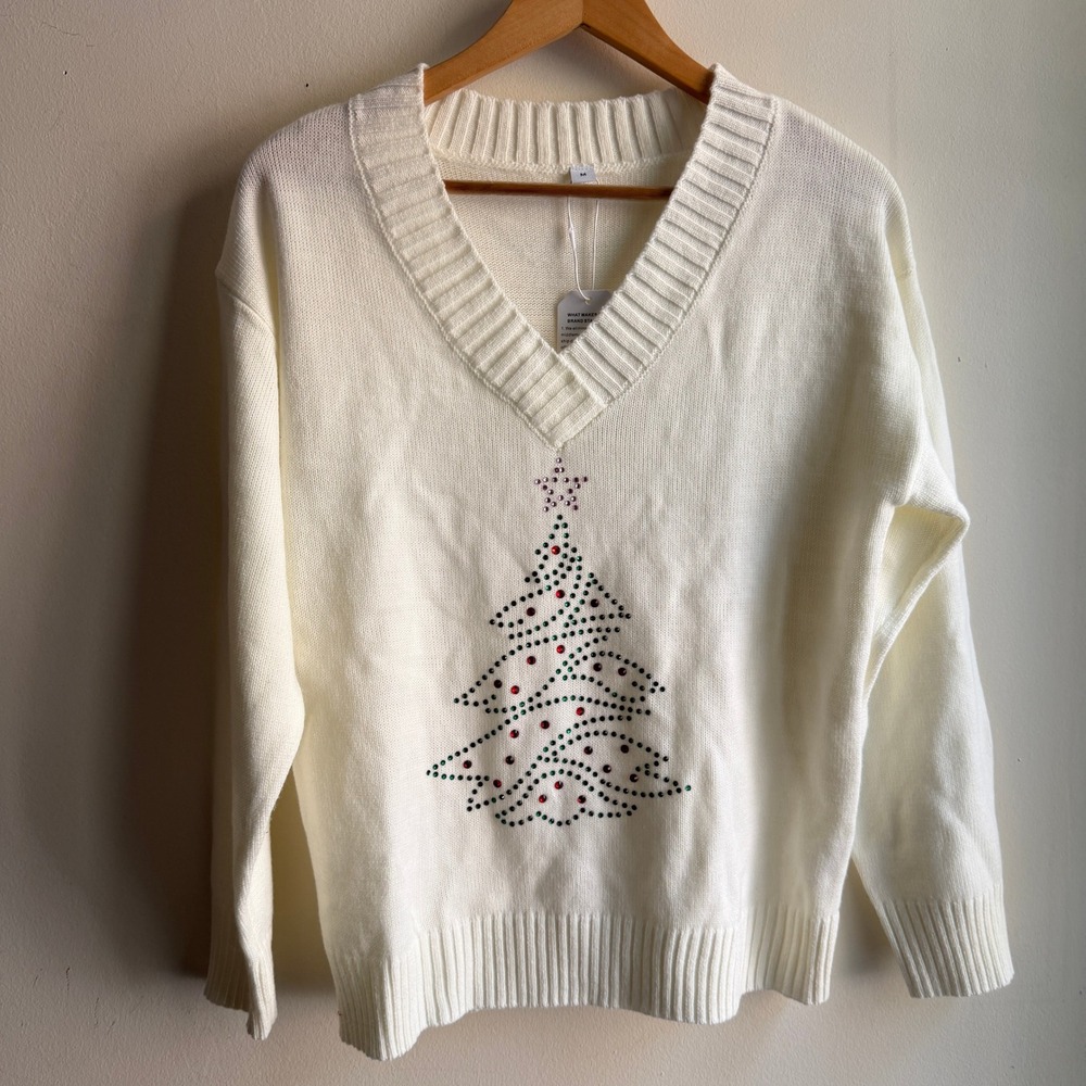 Christmas‎ Tree Rhinestone V-Neck Sweater Cream White Medium NWT